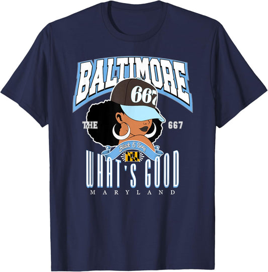 667 Baltimore, the reigning Afro Puff Queen of Maryland , Purple, S T-Shirt - T-Shirt | Navy