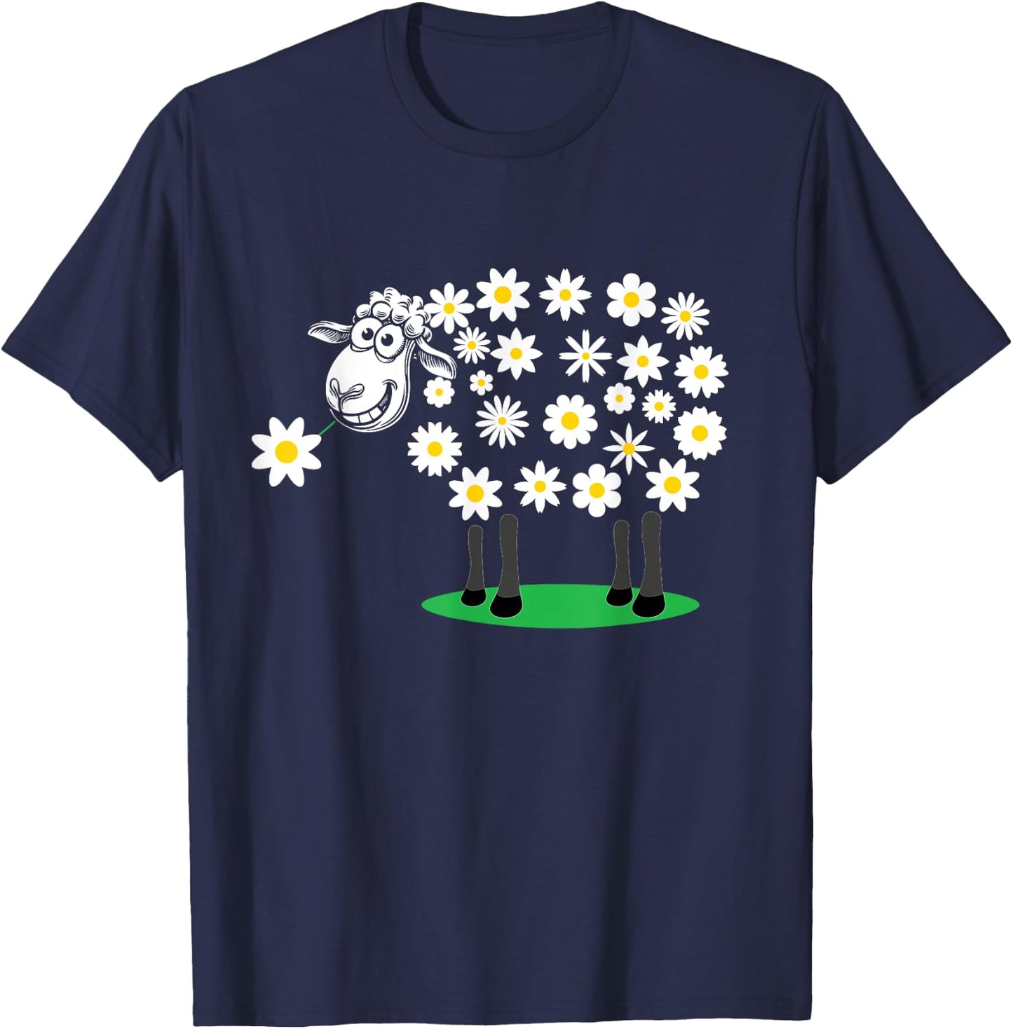 Adorable Cute sheep with daisy flower wool for girls and mum T-Shirt - T-Shirt | Navy