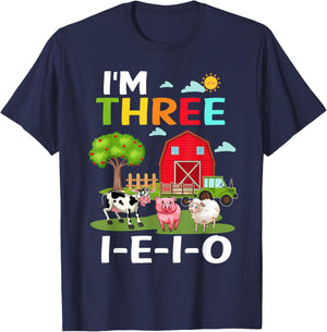 Three I E I O Farm Party 3rd Bday Girl 3 Years Old Farmer T-Shirt - T-Shirt | Navy