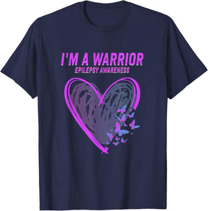 Epilepsy Awareness I'm A Warrior Heart Butterfly T-Shirt - T-Shirt | Navy