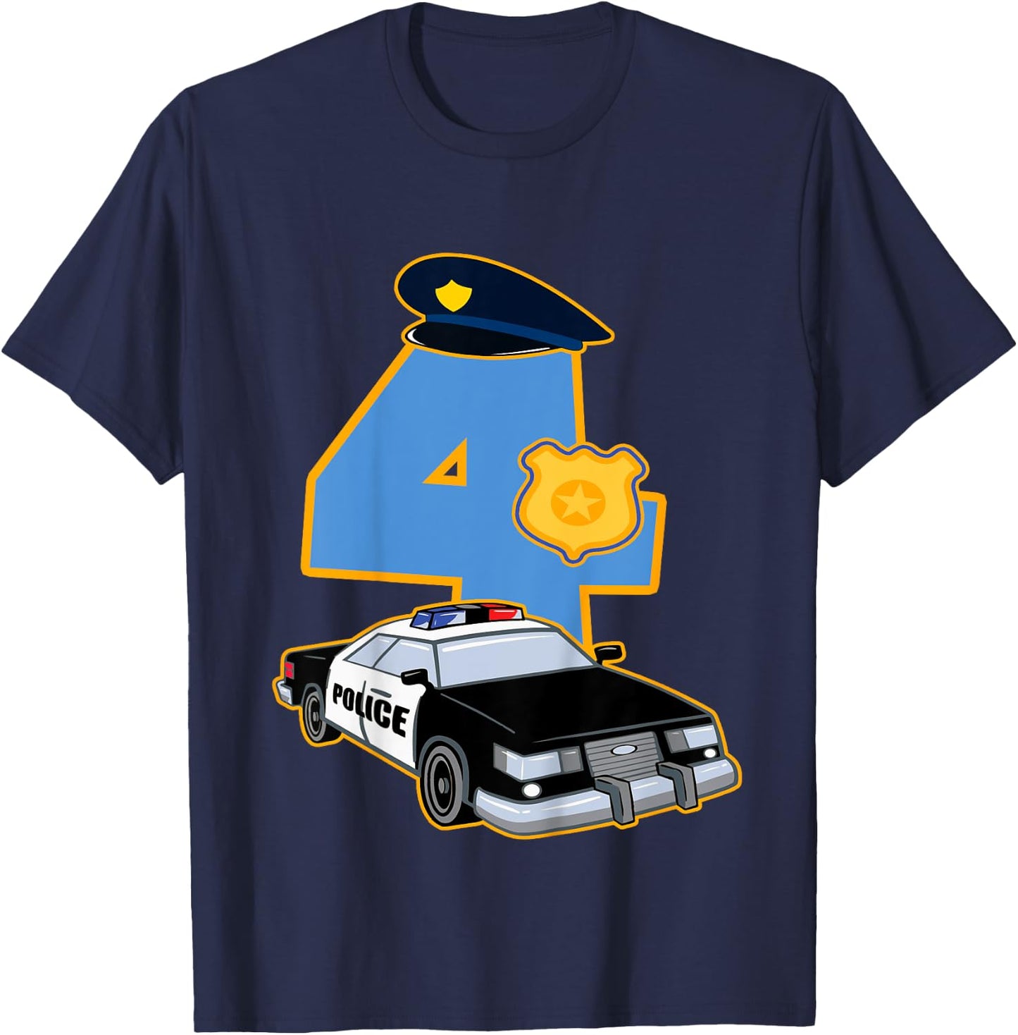 Kids 4th Birthday Police 4 Years Old Officer Car Costume T-Shirt - T-Shirt | Navy