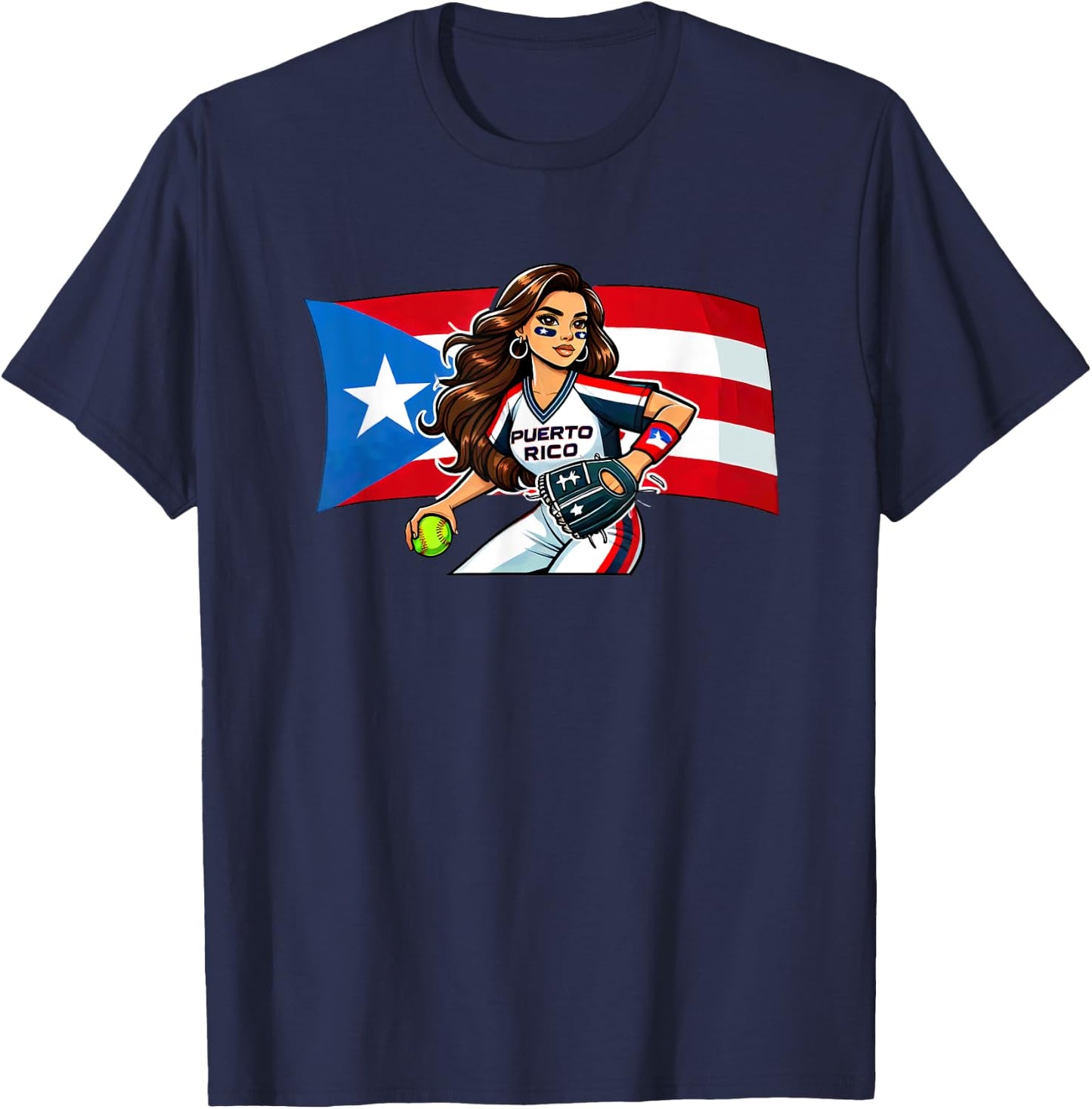 Puerto Rico Softball Baseball Boricua Flag Cute Girl T-Shirt - T-Shirt | Navy