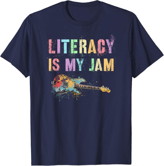 Vintage LITERACY IS MY JAM Teacher Library Rockstar Reading T-Shirt - T-Shirt | Navy