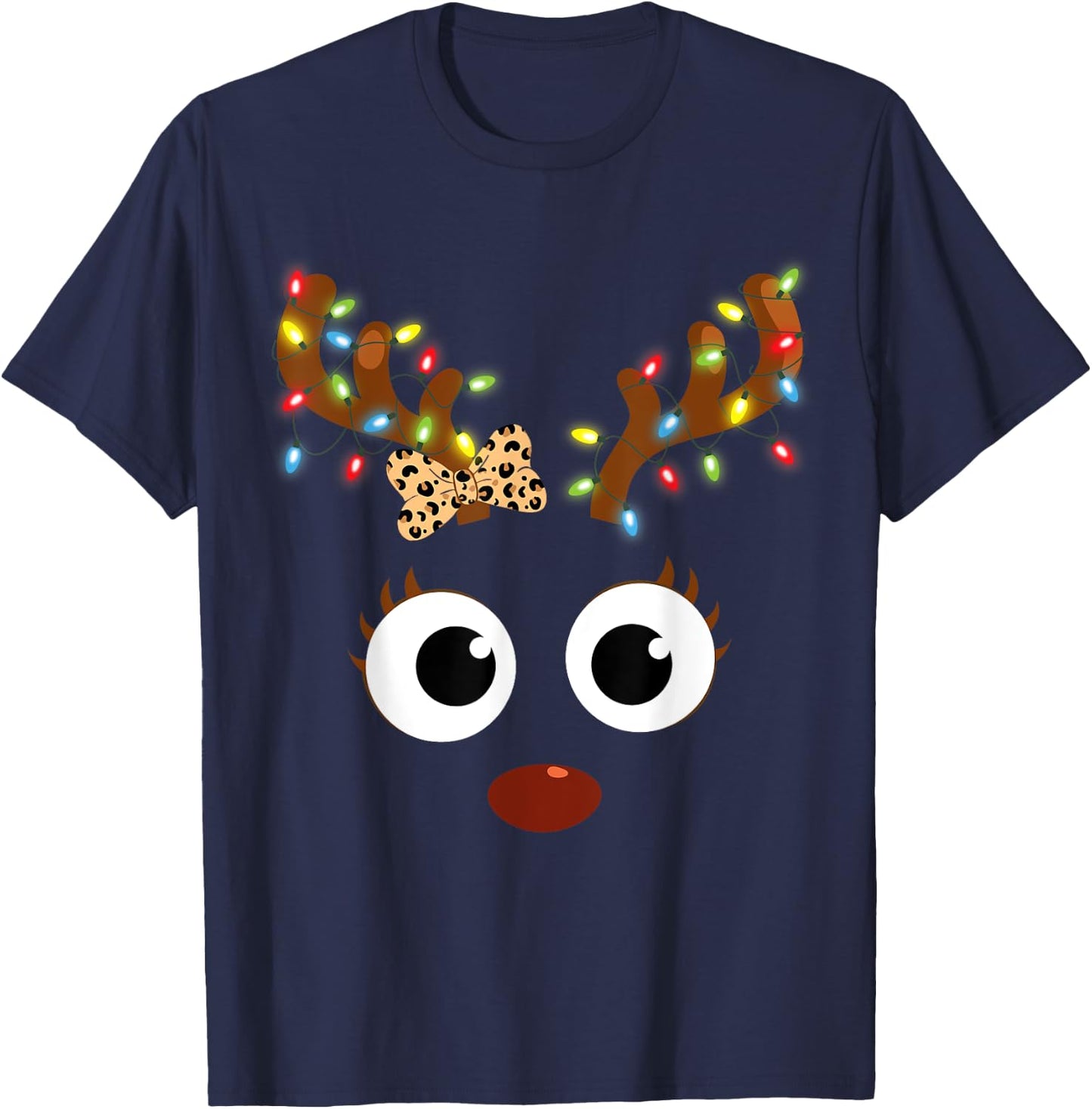 Reindeer Face Girl Leopard Bow Christmas Matching Family T-Shirt - T-Shirt | Navy