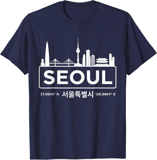 Seoul South Korea Minimalist White Skyline T-Shirt - T-Shirt | Navy