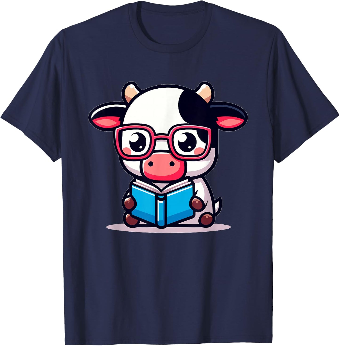 Adorable Book Lover Cow With Reading Glasses Cute T-Shirt - T-Shirt | Navy