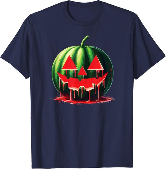 Spooky Summer Food Dripping Watermelon Jack O Lantern Men Women T-Shirt - T-Shirt | Navy
