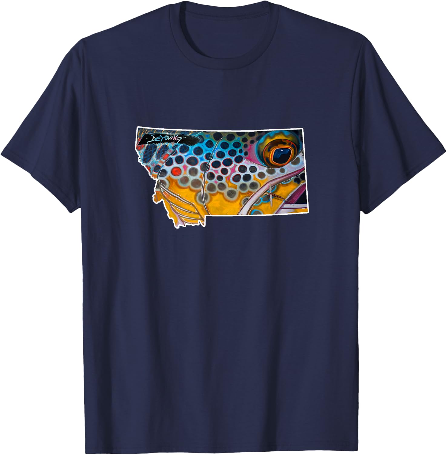 Montana shape Brown Trout Fish Derek DeYoung Art T-Shirt - T-Shirt | Navy