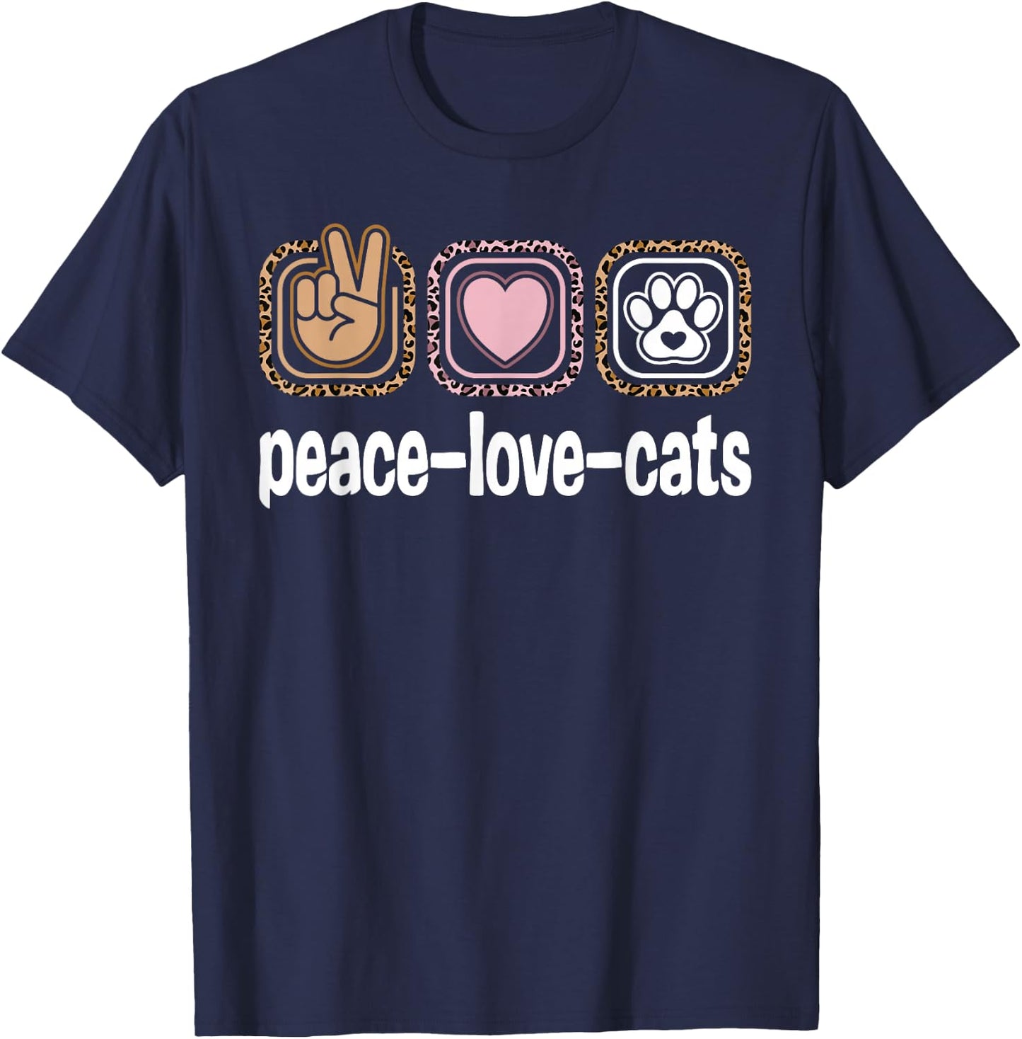 Funny Cat Owner Outfits & Cute Cat Lovers Clothes Cat Lover Cat Leopard Print Women Girls Kids Peace Love Cats , Small, Black T-Shirt - T-Shirt | Navy