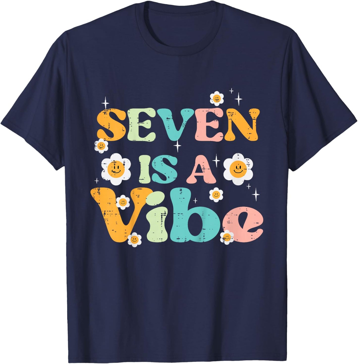 7th Birthday Seven Is A Vibe Retro 7 Bday Groovy Girls Kids T-Shirt - T-Shirt | Navy