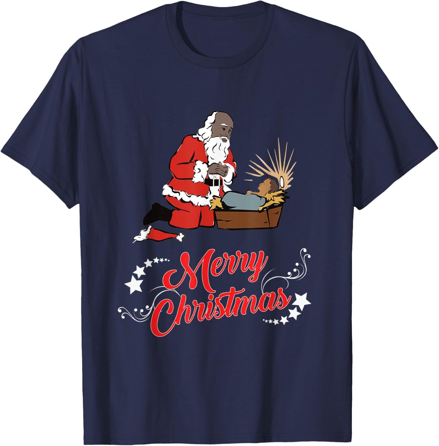 Dark Skin Santa Kneeling And Praying At The Feet Of Jesus T-Shirt - T-Shirt | Navy