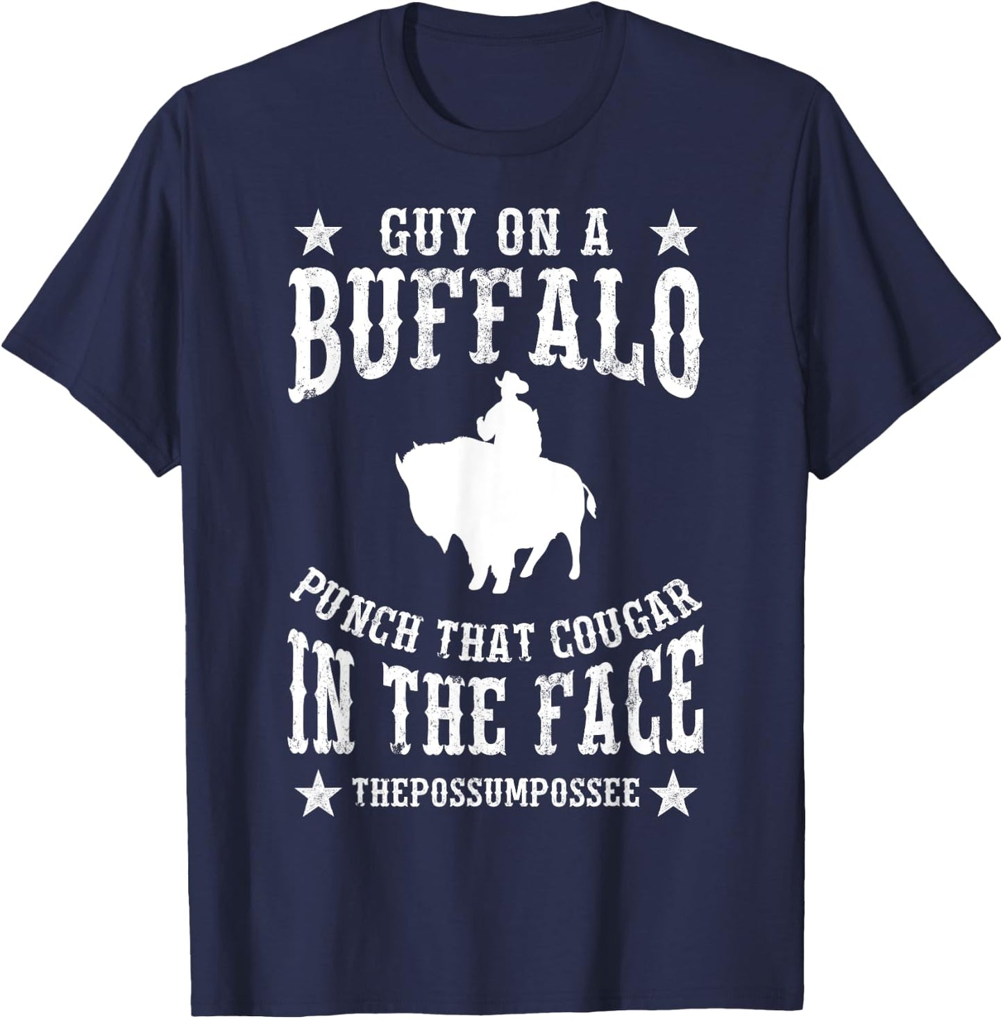 Man Riding Buffalo Possum Possee Graphic Meme Gift T-Shirt - T-Shirt | Navy