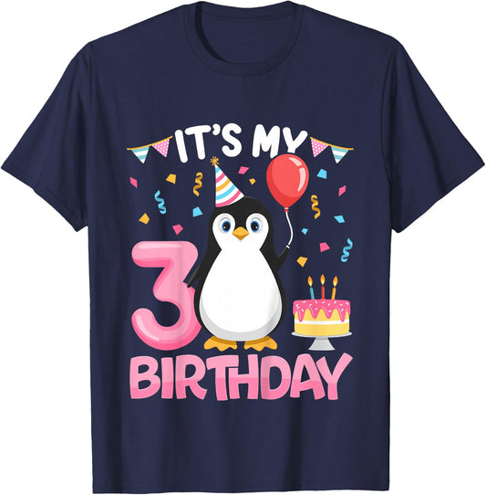 Kids Penguin Birthday 3 Year Old Girl 3rd Birthday Party Three T-Shirt - T-Shirt | Navy