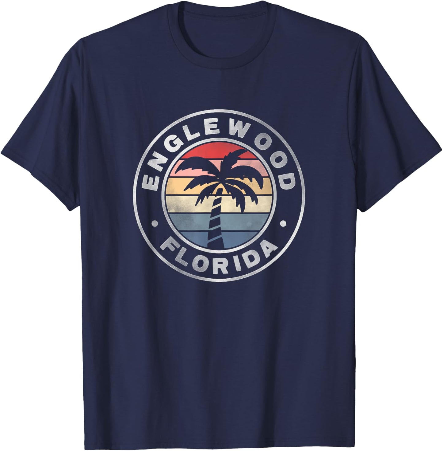 Englewood Florida Sunset Palm Trees Beach Retro Men Women T-Shirt - T-Shirt | Navy