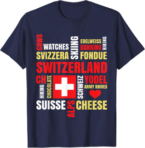Switzerland Alps Cows Fondue Cheese Skiing Swiss Lover Gift T-Shirt - T-Shirt | Navy