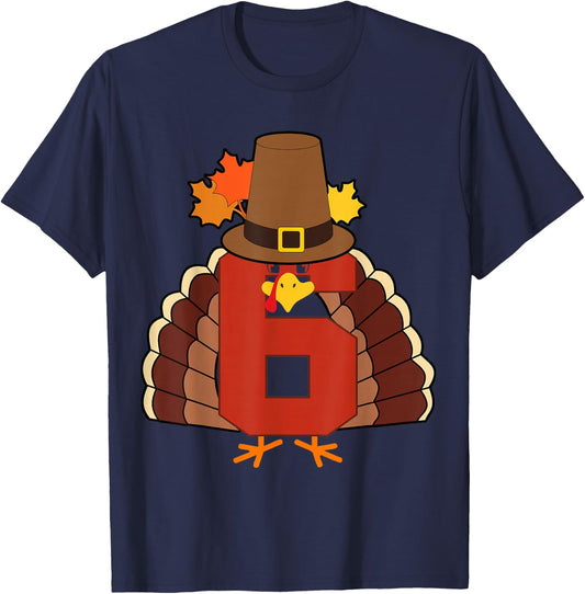 Kids 6th Birthday Turkey Themed 6 Year Old Boys Thanksgiving T-Shirt - T-Shirt | Navy