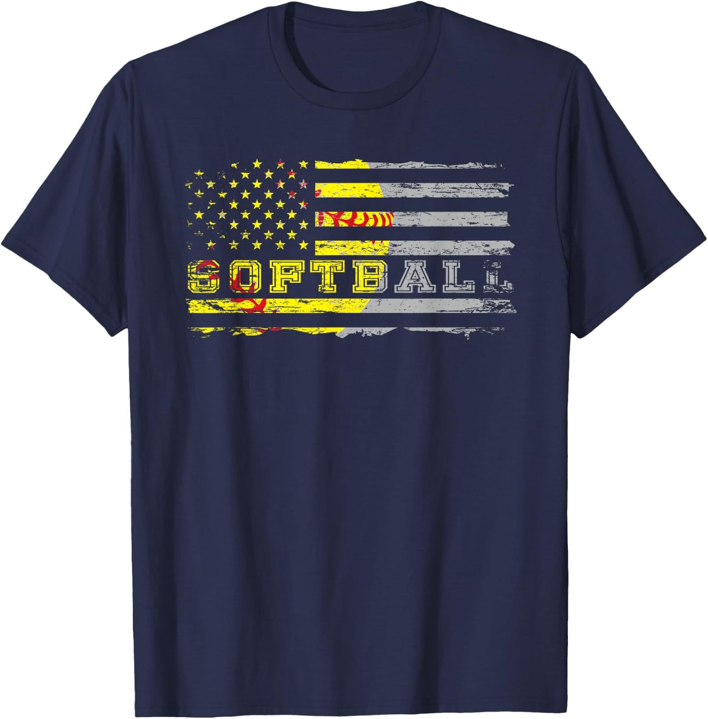 American Flag Softball Fan Team Distressed Gift Women Girls Kids Men T-Shirt - T-Shirt | Navy