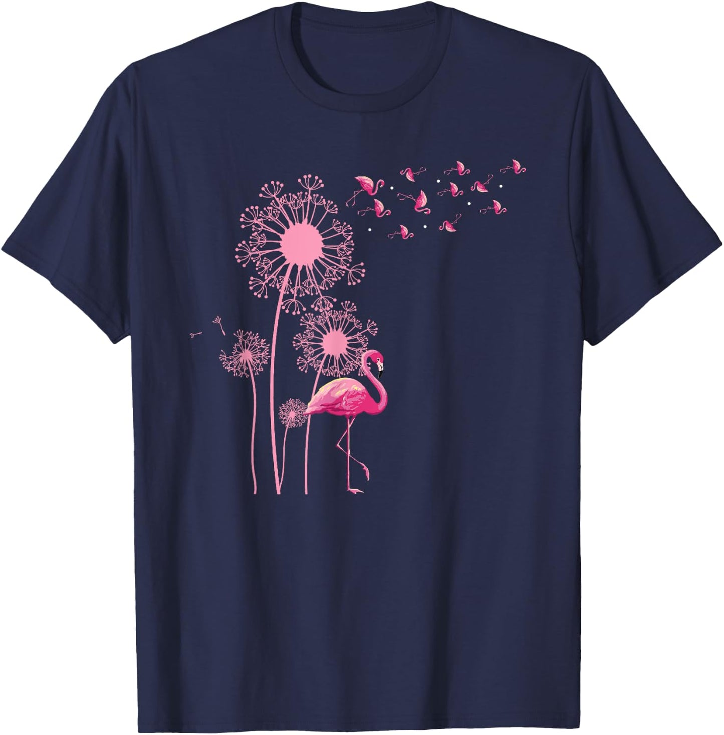 Flower Dandelion Exotic Animal Tropical Bird Pink Flamingo T-Shirt - T-Shirt | Navy