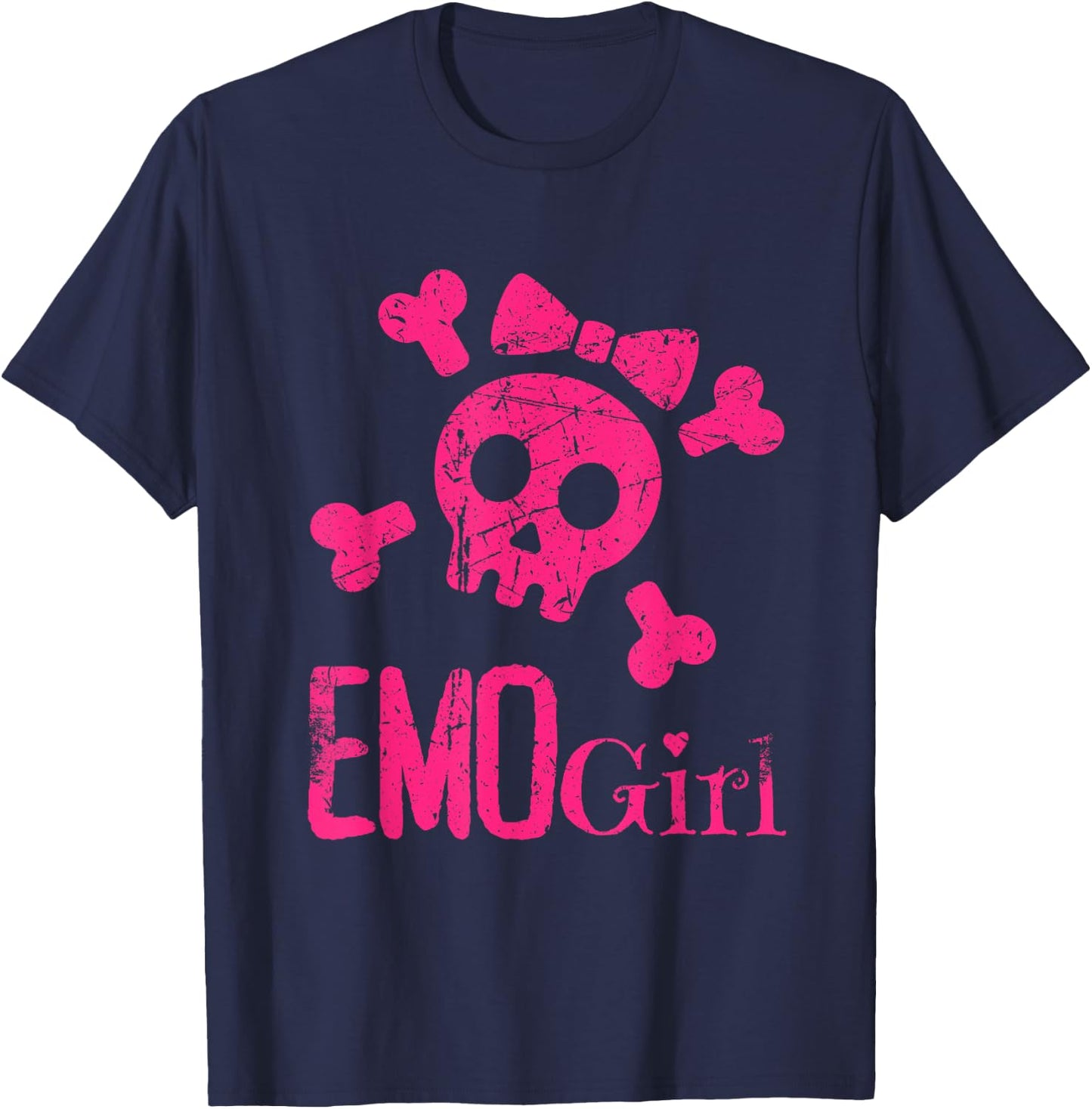 Emo Girl Pink Skull With Bow Tie Emo Goth Emotional Teens T-Shirt - T-Shirt | Navy