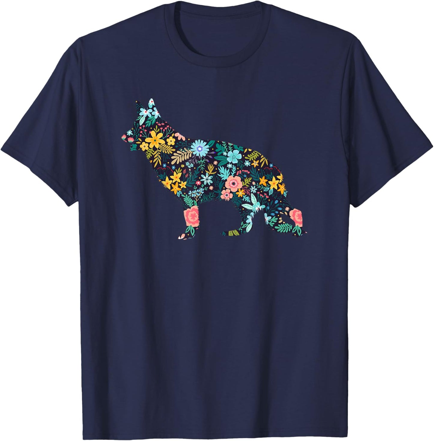 German Shepherd Floral Dog Silhouette Graphic T-Shirt - T-Shirt | Navy
