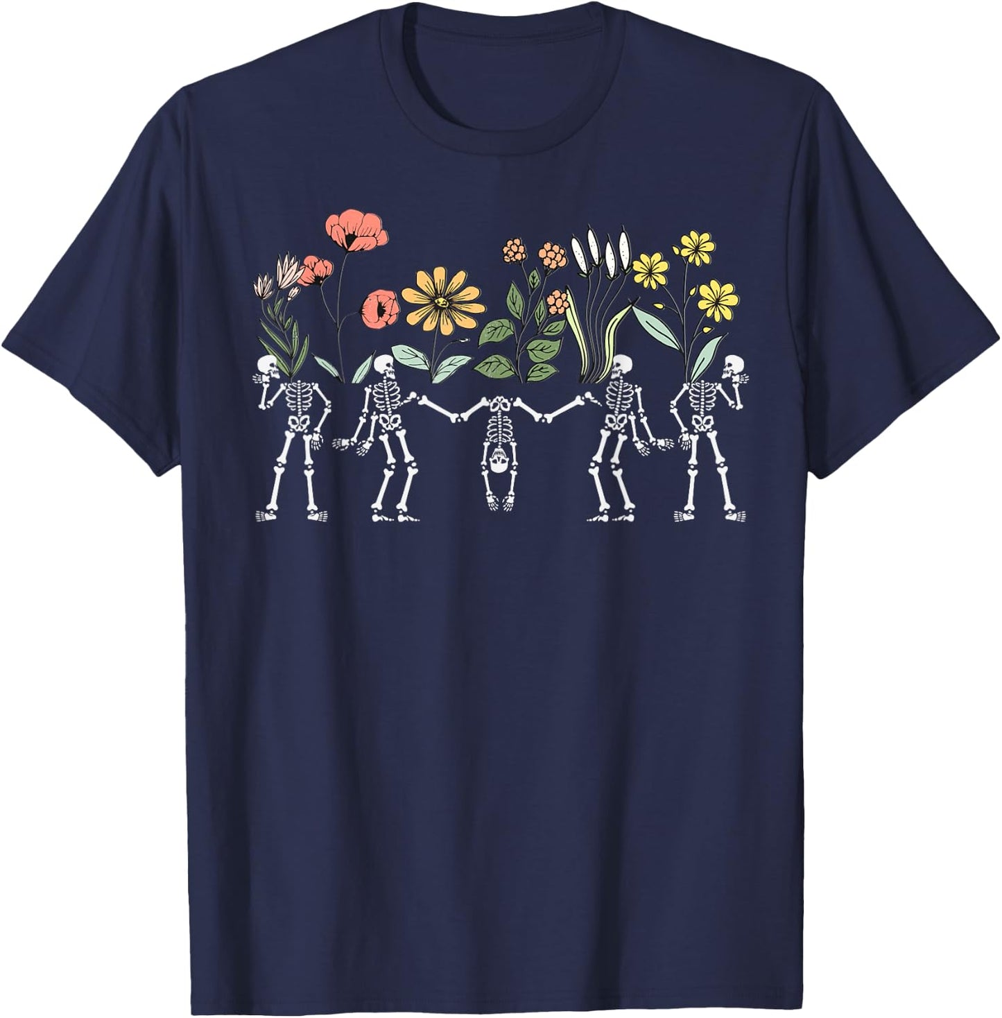 Dancing Skeletons Vintage Floral Skeleton Flower Halloween T-Shirt - T-Shirt | Navy