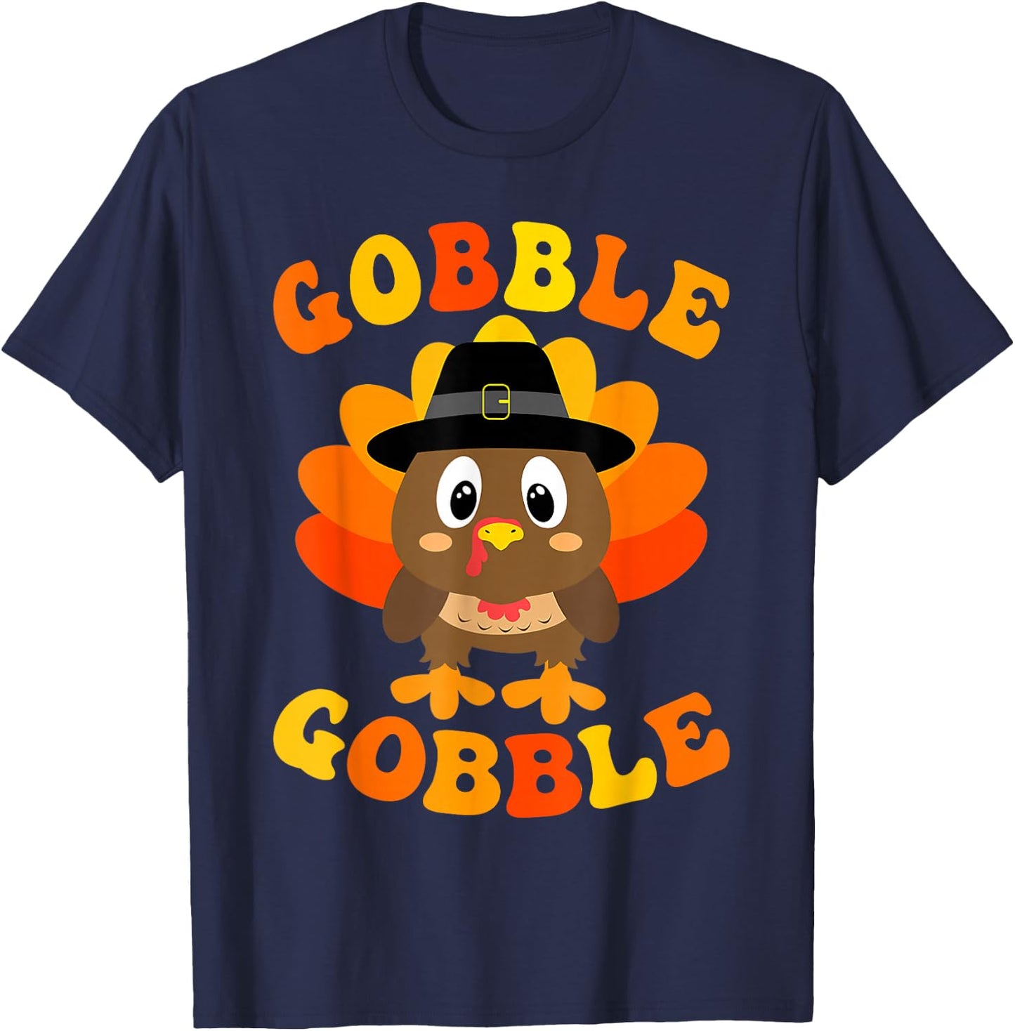 Cute Gobble Gobble Turkey Pilgrim Little Boys Thanksgiving T-Shirt - T-Shirt | Navy