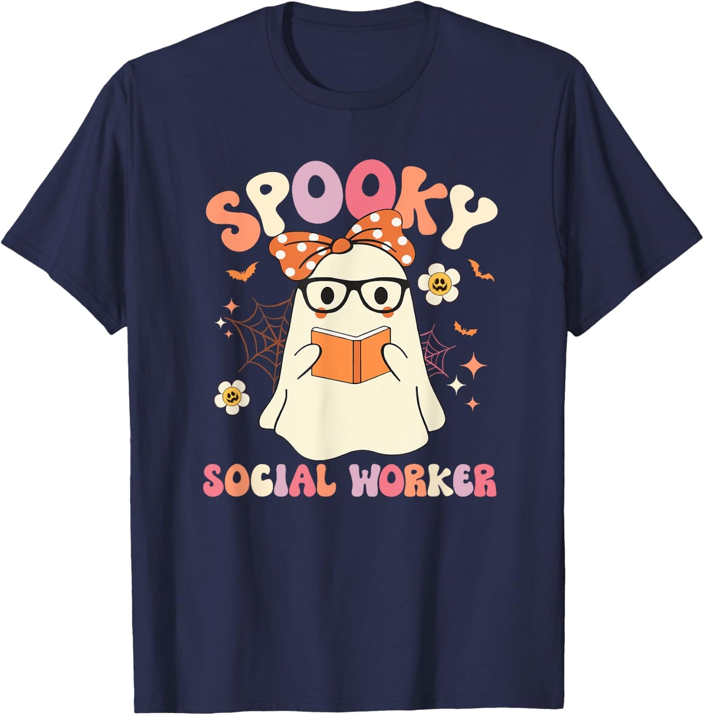 Groovy Spooky Social Worker Ghost Vintage Halloween Costume T-Shirt - T-Shirt | Navy