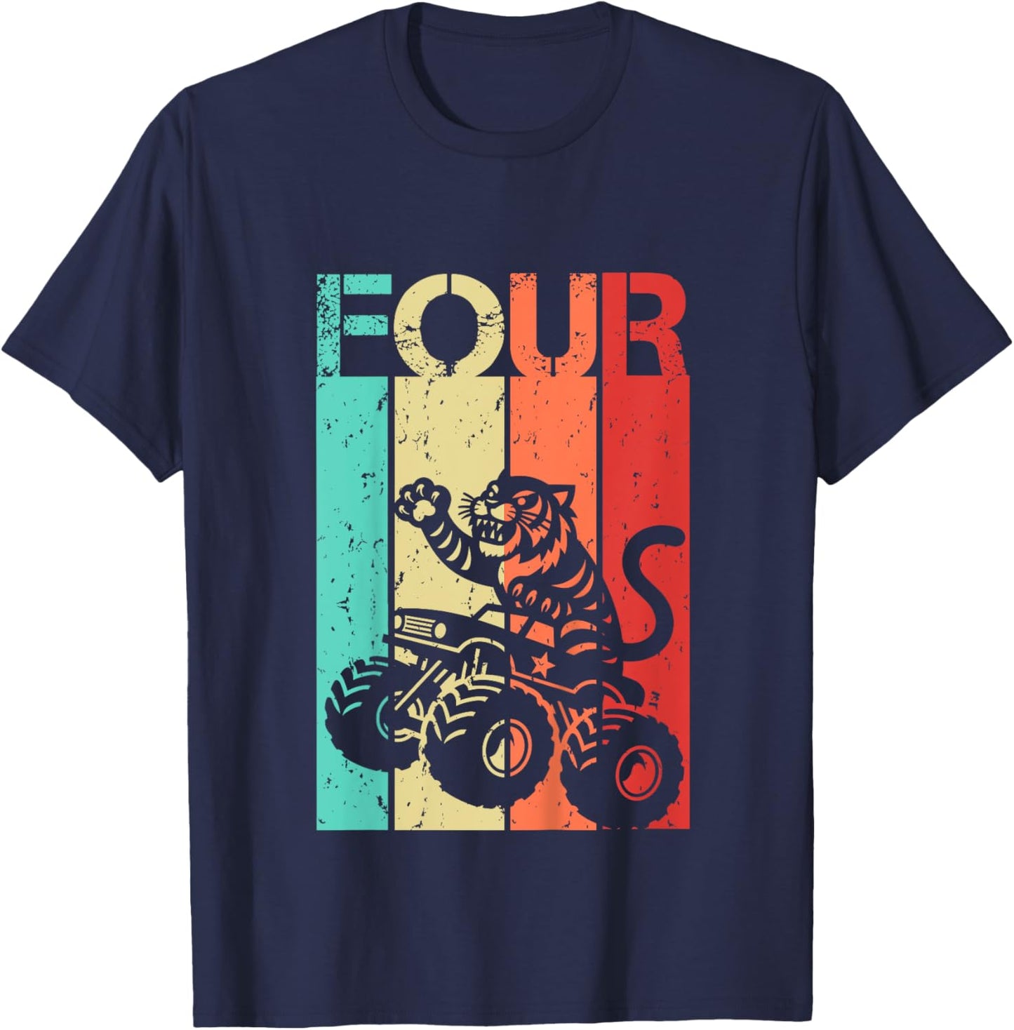 Kids 4th Birthday Boy Girl 4 Year Old Tiger And Monster Truck T-Shirt - T-Shirt | Navy