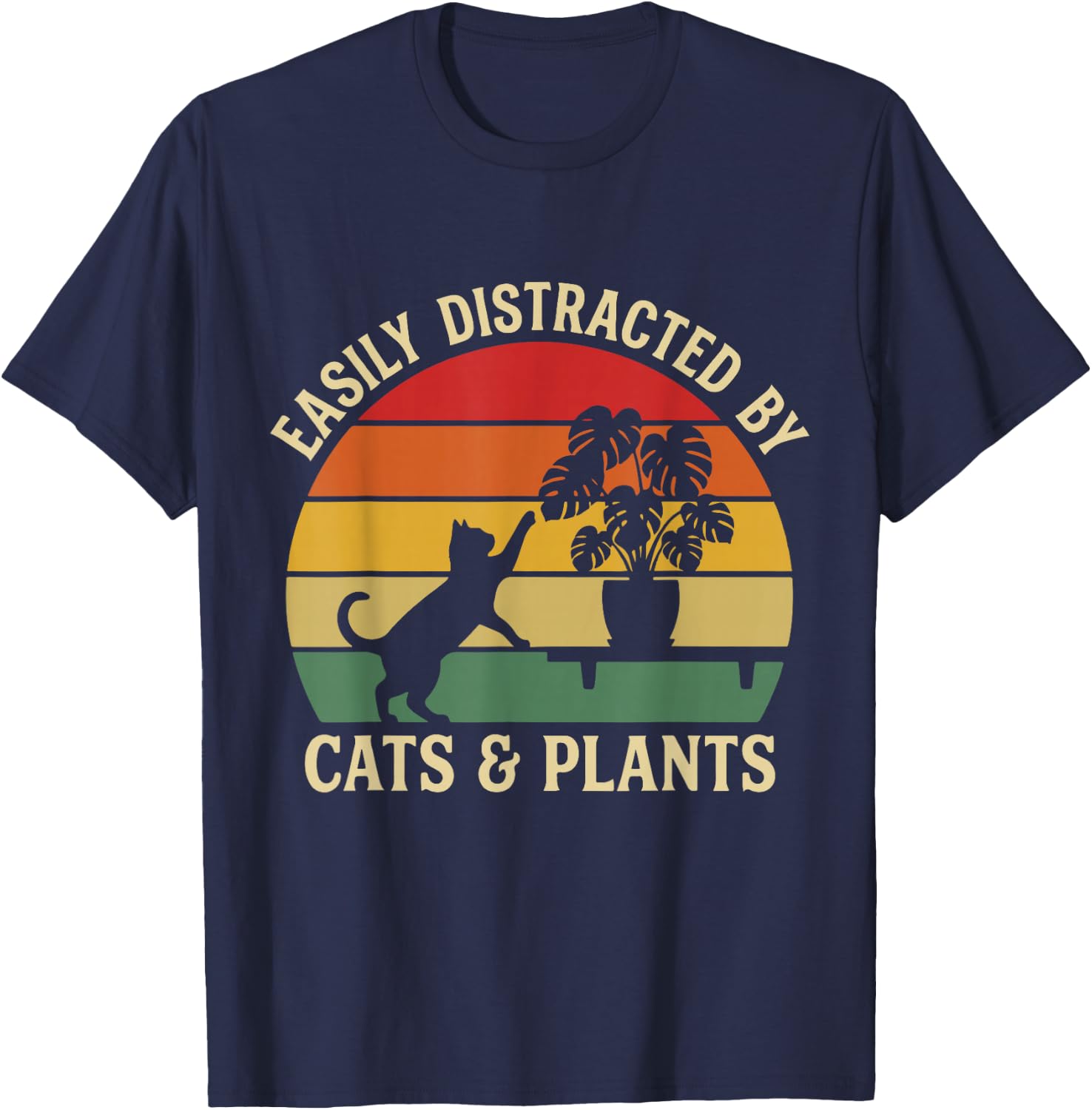 Easily Distracted By Cats and Plants Funny Pet Design T-Shirt - T-Shirt | Navy