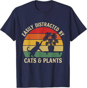 Easily Distracted By Cats and Plants Funny Pet Design T-Shirt - T-Shirt | Navy