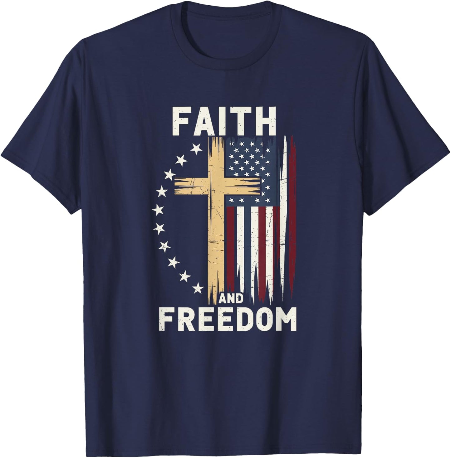 Faith and Freedom Patriotic Christian USA Flag Graphic Cross T-Shirt - T-Shirt | Navy