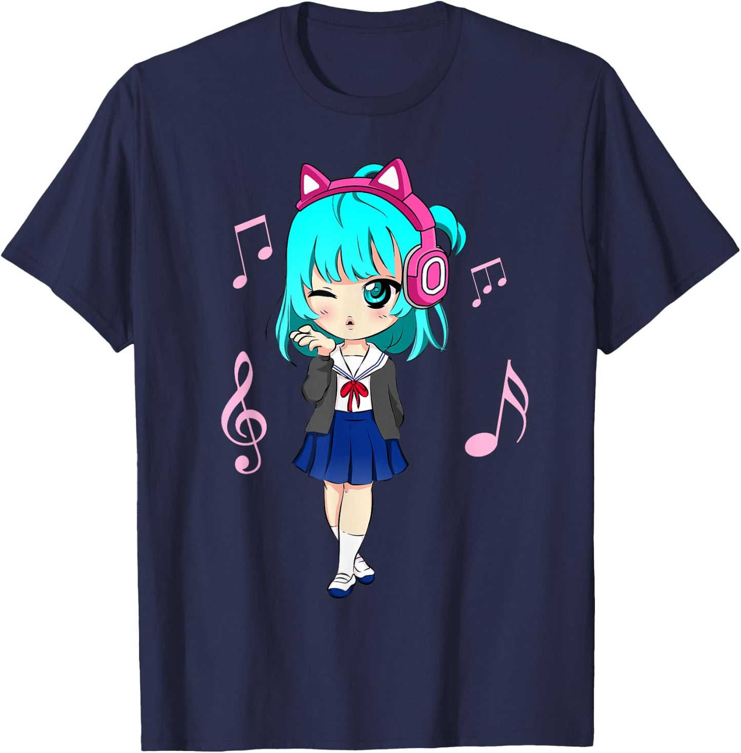 Funny Anime and Music Girl for Teen Chibi Graphic Anime Girl Small T-Shirt - T-Shirt | Navy