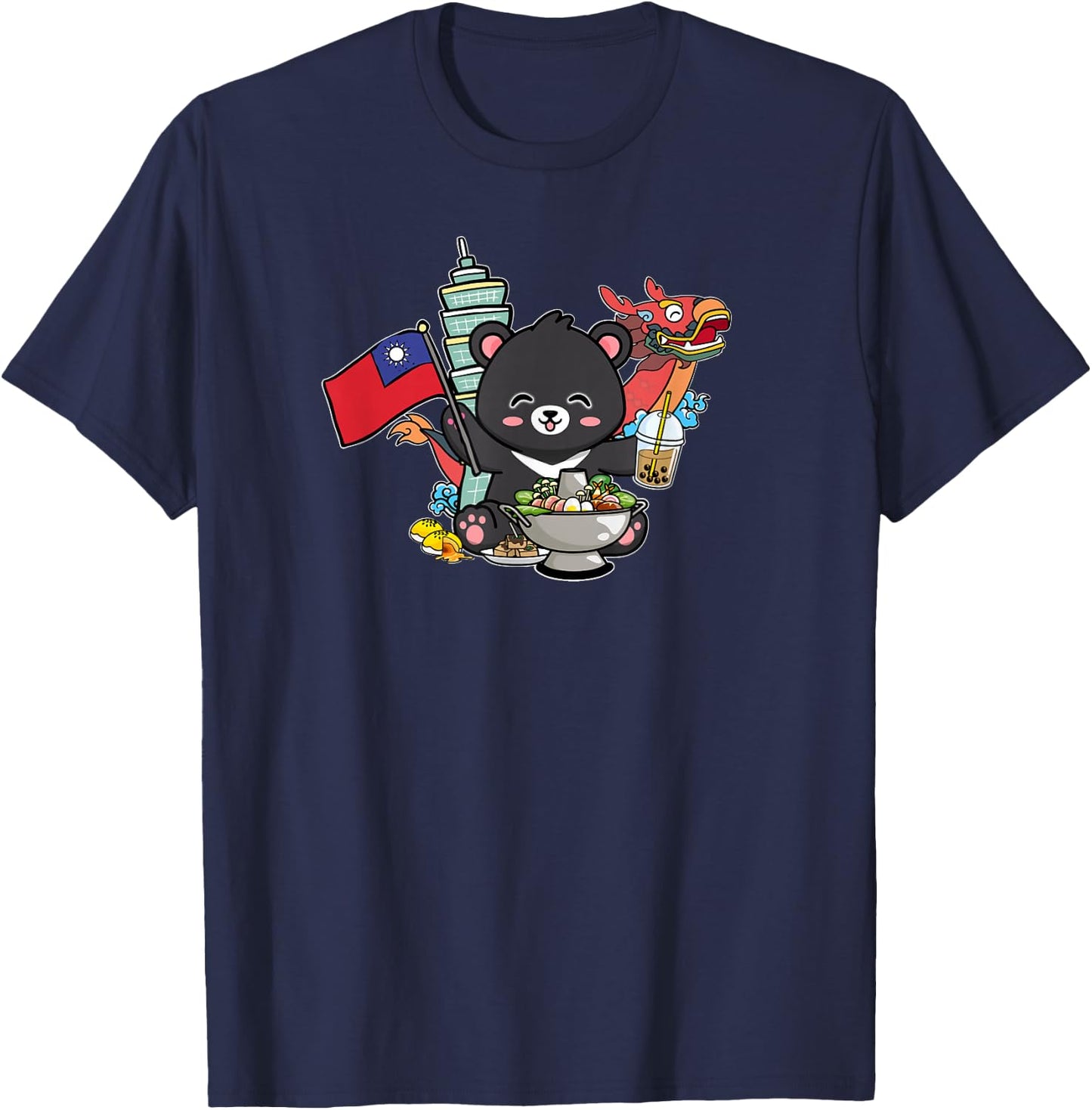 Kawaii Hot Pot Boba Bear Taiwan Flag Travel T-Shirt - T-Shirt | Navy