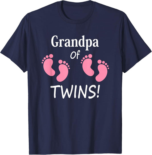 Grandpa of Twin Girls with Pink Baby Footprints T-Shirt - T-Shirt | Navy