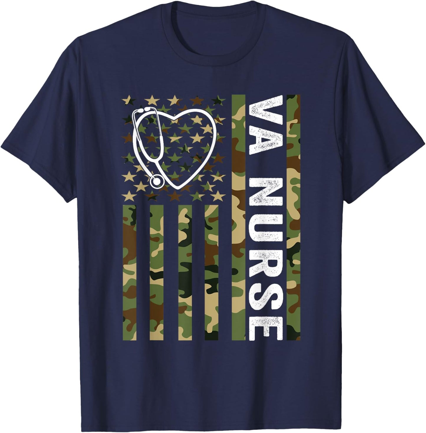 VA Nurse Camouflage American Flag Patriotic Medical Worker T-Shirt - T-Shirt | Navy