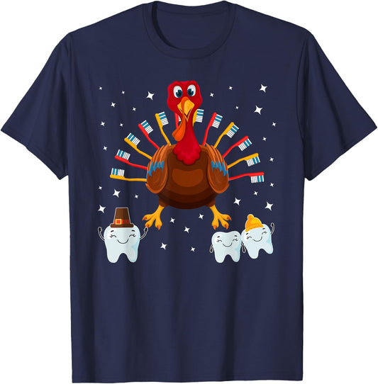 Happy Thanksgiving Cute Turkey Teeth Toothbrush Dental T-Shirt - T-Shirt | Navy