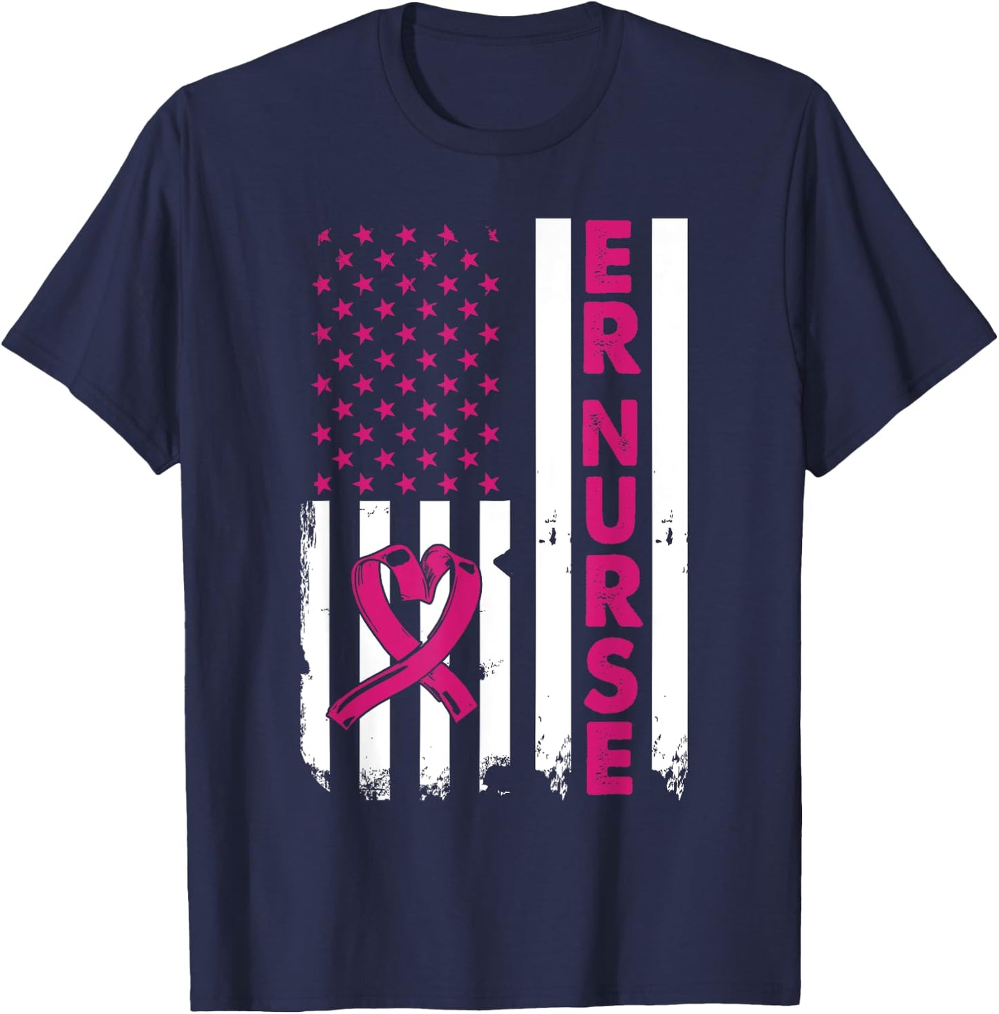 Er Nurse American Flag Nurse Life Breast Cancer Awareness T-Shirt - T-Shirt | Navy