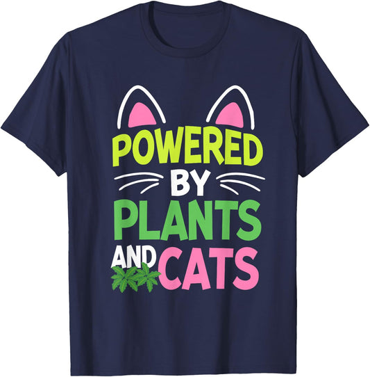 Powered By Plants and Cats Lover Vegan Cat Owner T-Shirt - T-Shirt | Navy