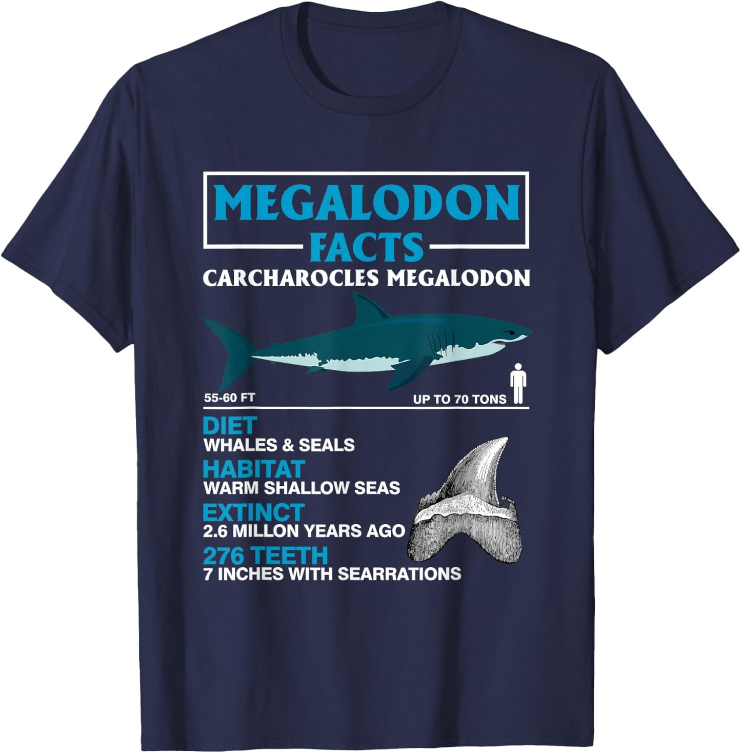 Meg Megalodon Facts Carcharocles Megalodon Prehistoric Shark T-Shirt - T-Shirt | Navy