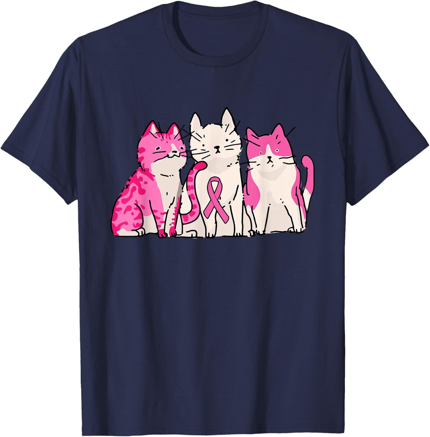 Cat Pink Ribbon Breast Cancer Awareness Cute Kitten Kitty T-Shirt - T-Shirt | Navy