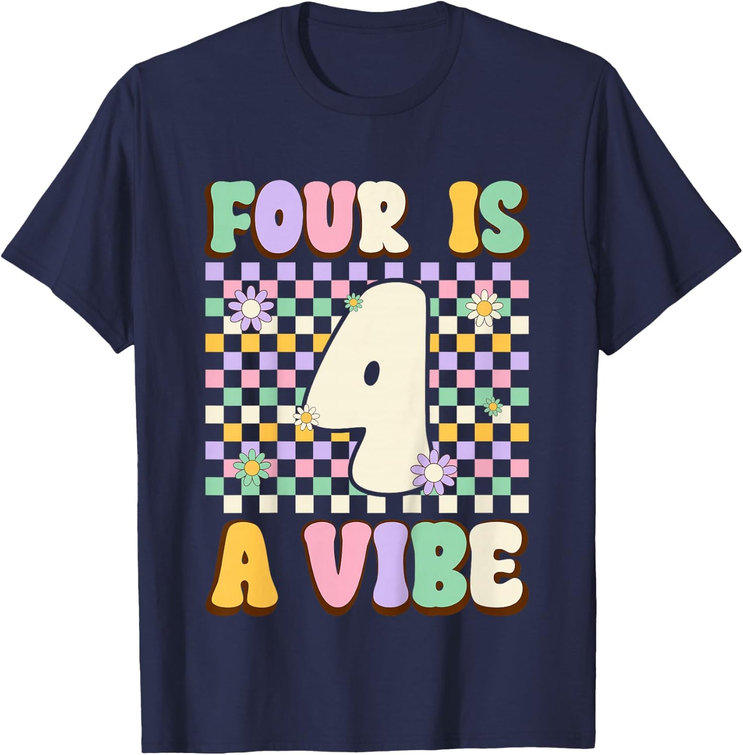 Kids Four Is A Vibe Groovy 4 Years Old 4th Birthday Party Kids T-Shirt - T-Shirt | Navy