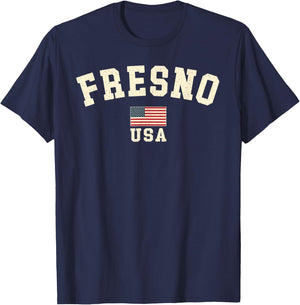 Vintage Fresno USA American Flag Souvenir California Retro T-Shirt - T-Shirt | Navy