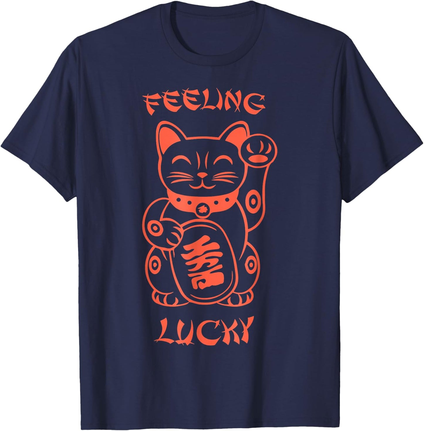 Feeling Lucky Chinese Lucky Cat Orange T-Shirt - T-Shirt | Navy