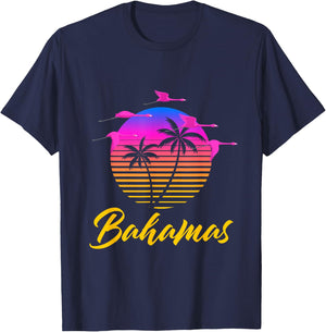 Bahamas Caribbean Retro Sunset Palm Tree Flamingo Vacation T-Shirt - T-Shirt | Navy