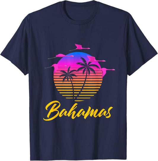 Bahamas Caribbean Retro Sunset Palm Tree Flamingo Vacation T-Shirt - T-Shirt | Navy