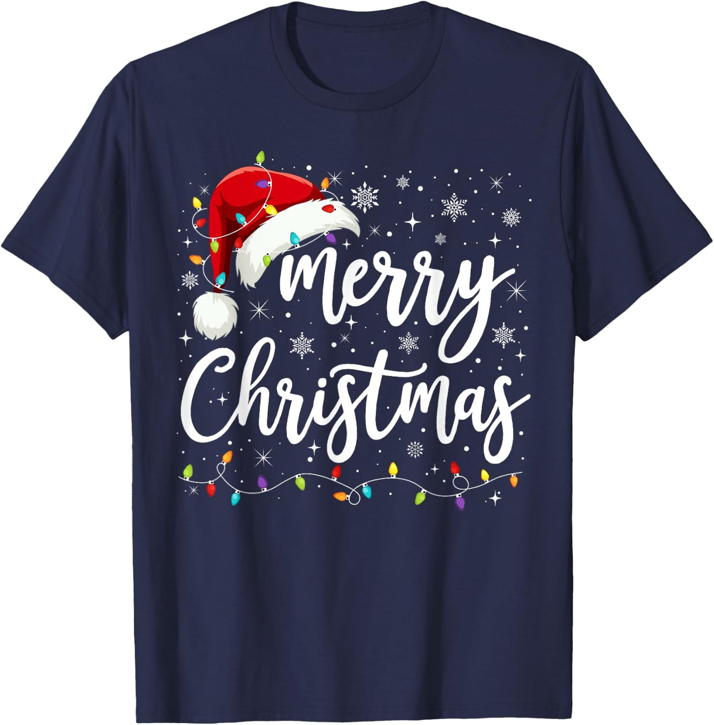 Merry Christmas Lights Red Santa Hat Xmas Family Men Women T-Shirt - T-Shirt | Navy
