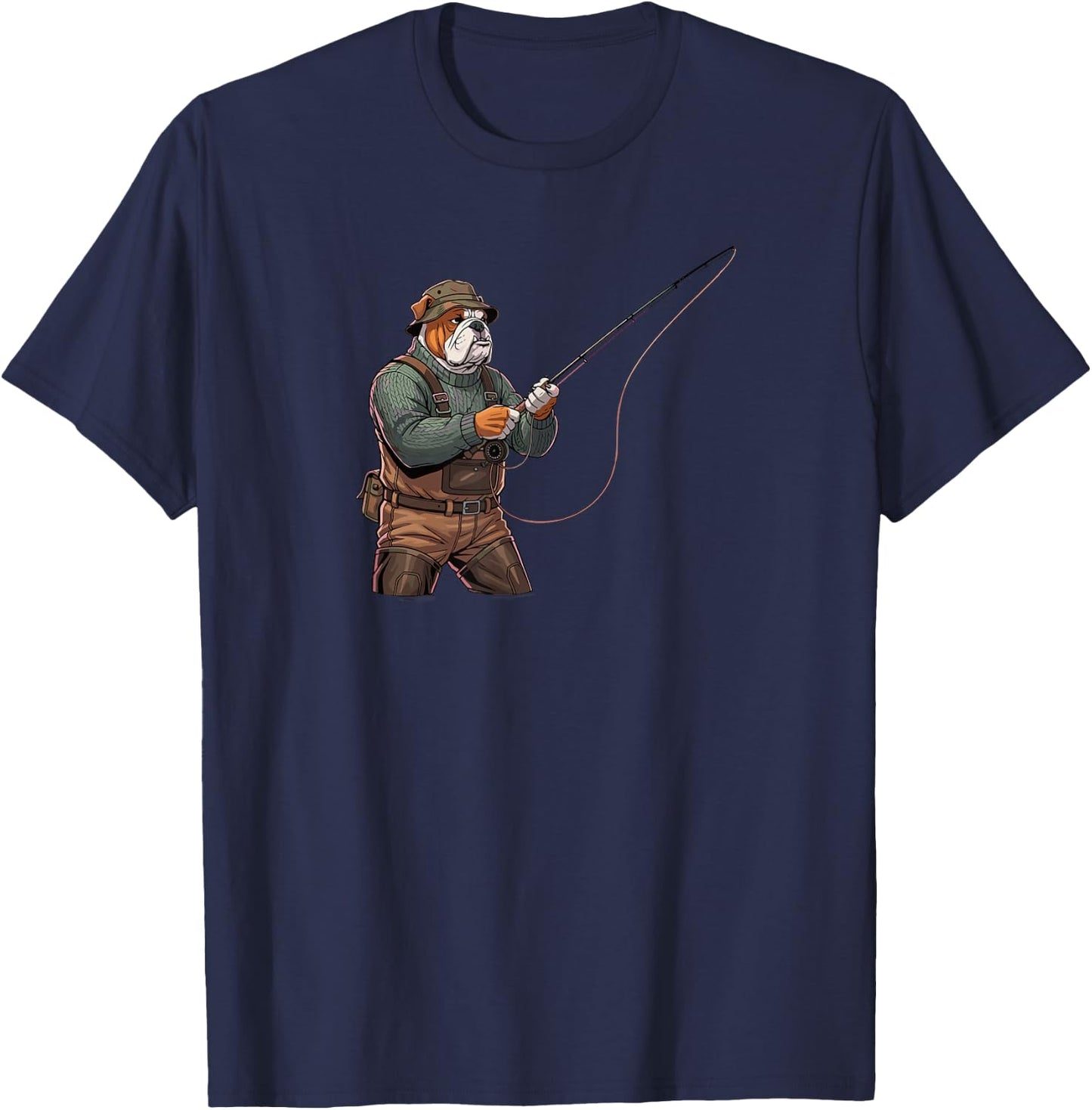 Fly Fishing Bulldog Waders River Angler Dog T-Shirt - T-Shirt | Navy