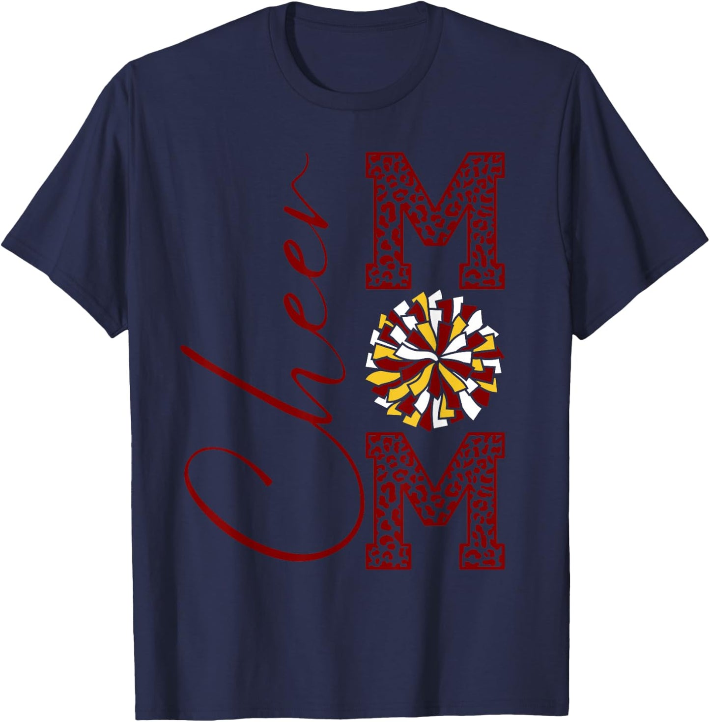 Cheer Mom | Maroon Gold White Burgandy Yellow Leopard Print T-Shirt - T-Shirt | Navy