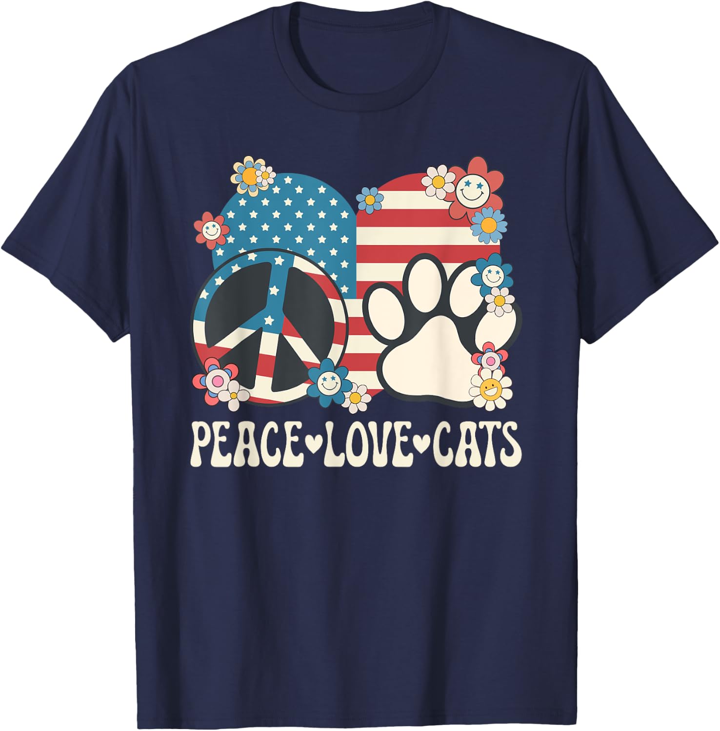 Peace Love Cats American Flag Patriotic Cat Lover Retro Cat Women Girls Kids T-Shirt - T-Shirt | Navy