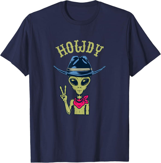 Funny Alien Cowboy Hat Howdy Peace Sign T-Shirt - T-Shirt | Navy